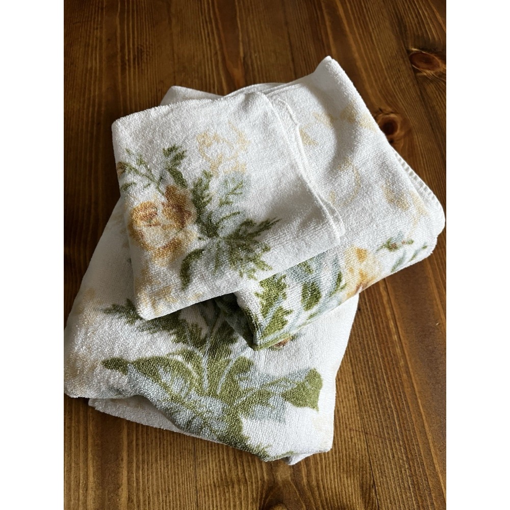 Vtg Martex Terri-Down Tan Roses Floral Fringe Hand & Face Towels 3 Pieces